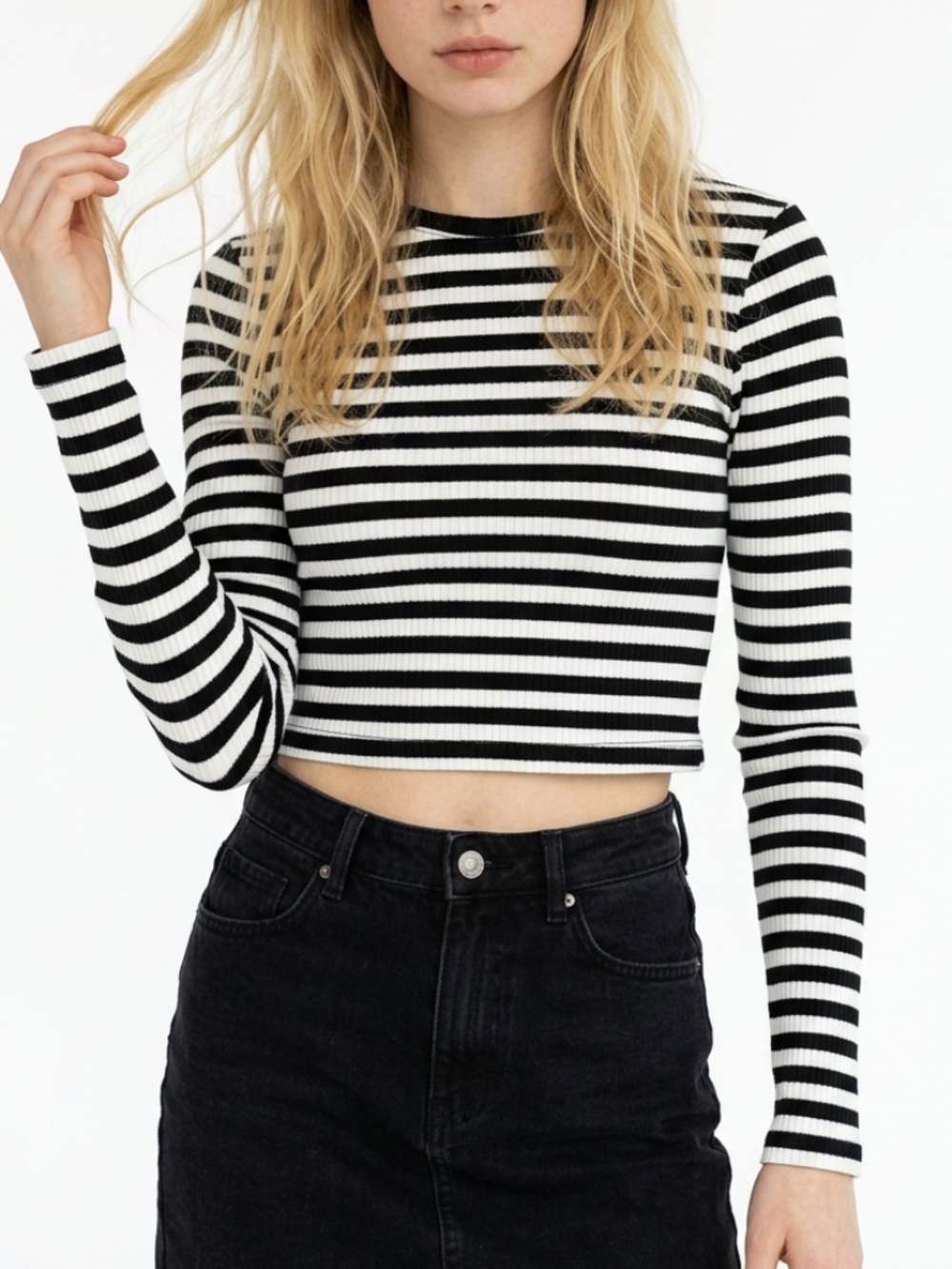 WILD FABLE • Black White Striped Ribbed Cropped Top Small